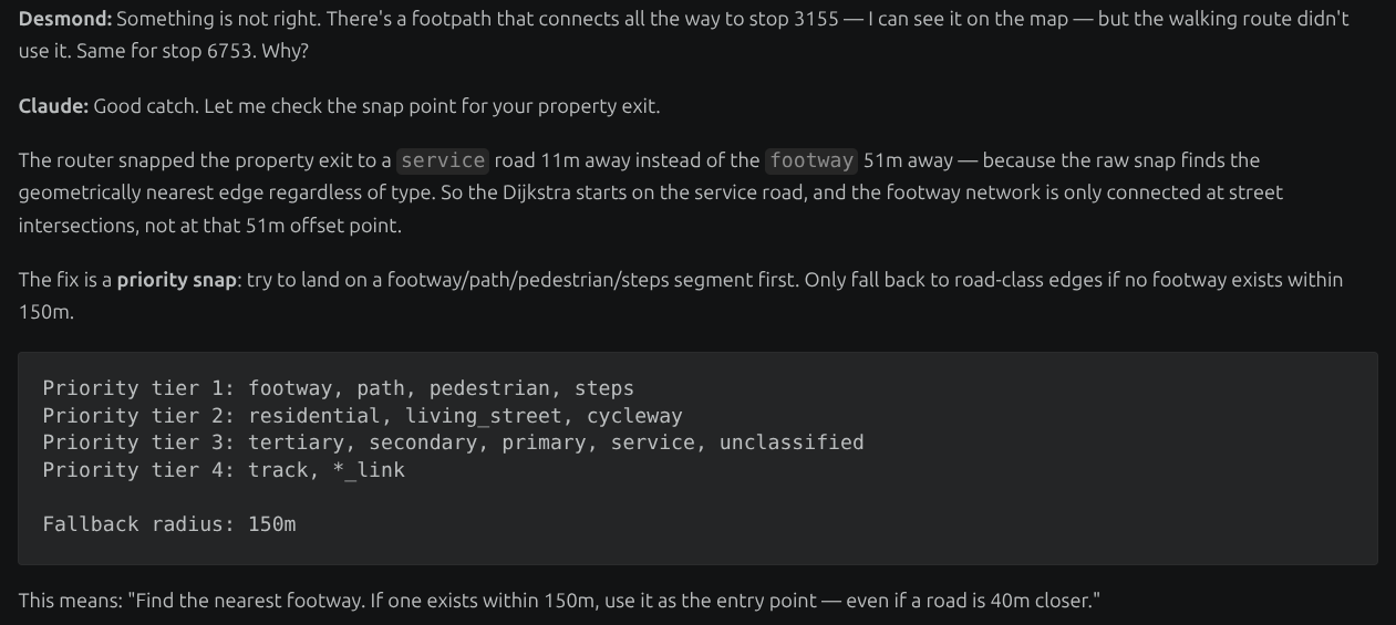 Screenshot of conversation with Claude CLI identifying a routing snap issue and proposing a priority snap fix